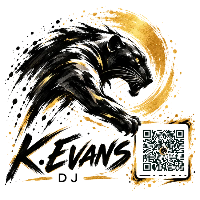 K.Evans DJ – Panther und QR-Motiv mit echtem Link zur Anfrage